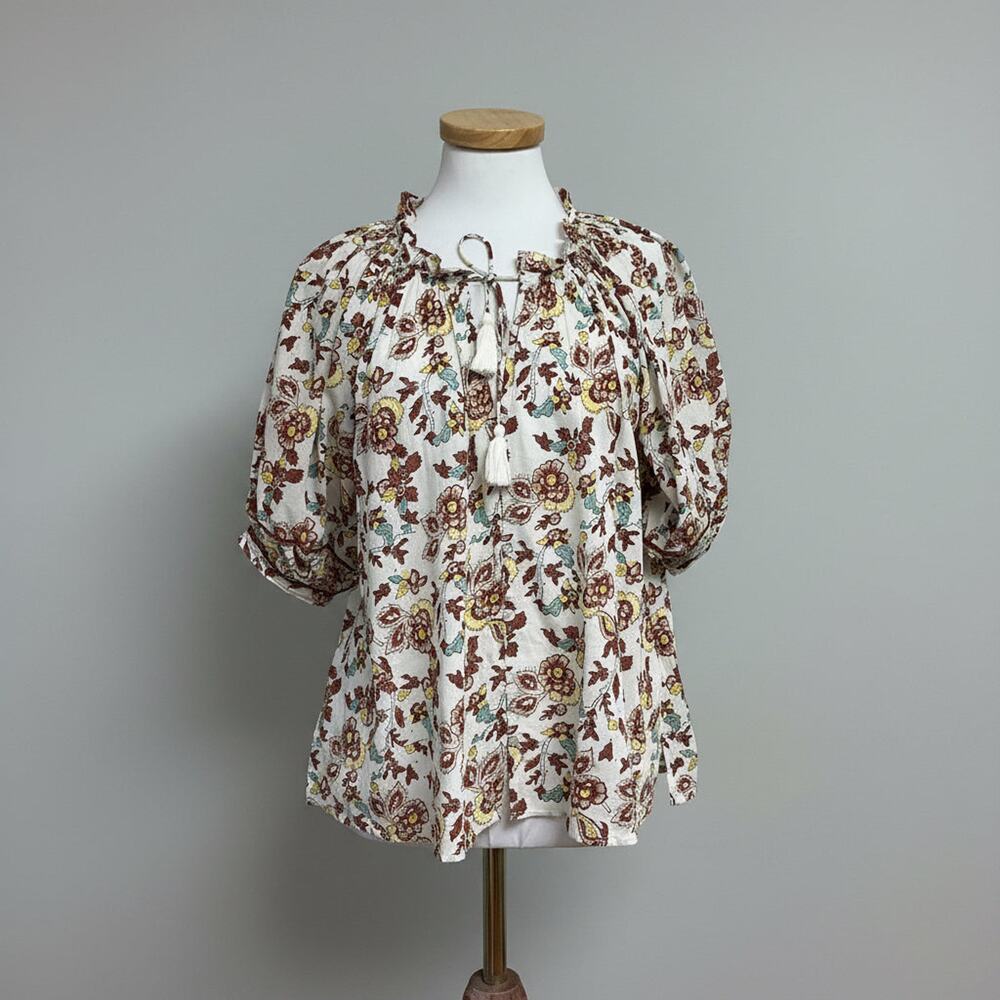 Cleobella white and nutmeg floral Iris blouse in Enya block print, size S